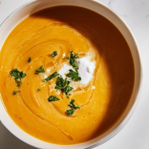 Golden Sweet Maple Carrot Soup, blended smooth and creamy, perfect for a cozy, chilly evening.