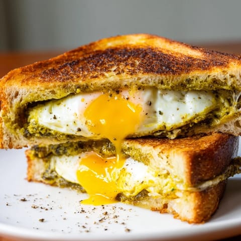 Toasty sourdough cradles rich mozzarella, surrounding a savory, pesto-infused Pesto Egg Grilled Cheese.