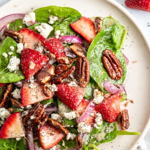Fresh Strawberry Spinach Salad with creamy poppy seed dressing, a colorful spring and summer dish.