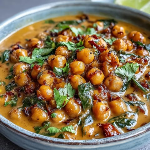 Vibrant chickpea curry, rich coconut sauce, warm spices, perfect plant-based comfort meal.