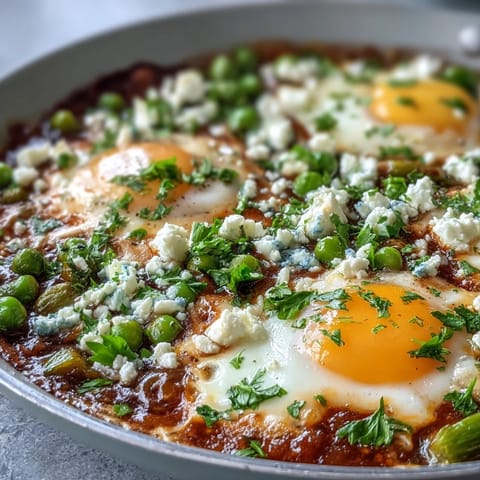 Vibrant spring Pea and Broad Bean Shakshuka with runny eggs, feta, and herbs.