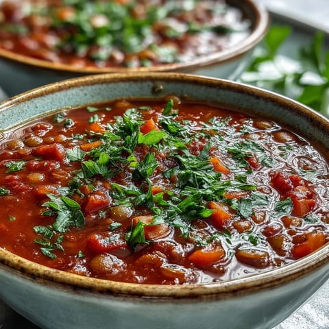 Hearty Tomato Lentil Soup with fresh parsley garnish, ready to nourish.