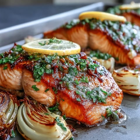Golden-brown roasted leeks and red onions surround tender, flaky skin-on salmon fillets, garnished with fresh parsley dressing.
