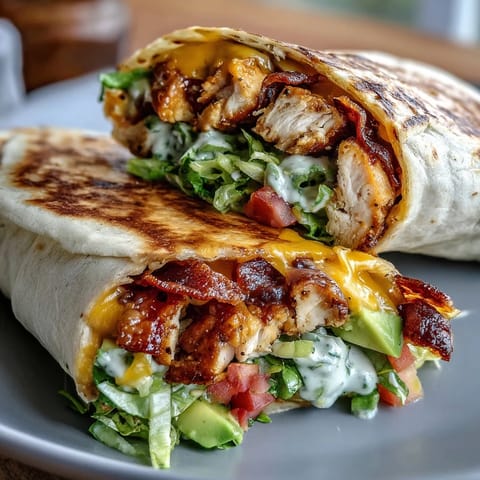 Two halves of Crispy Chicken Bacon Wrap served with a creamy dipping sauce on a rustic plate.