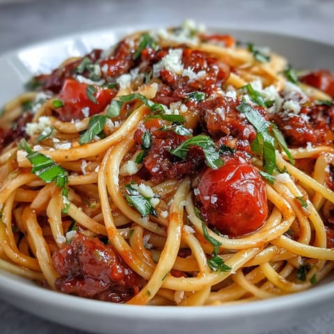 Spicy Italian sausage and al dente noodles are coated in a glossy, wine-kissed Chianti tomato sauce, finished with fresh parsley and grated Parmesan cheese for an authentic fusion dinner.
