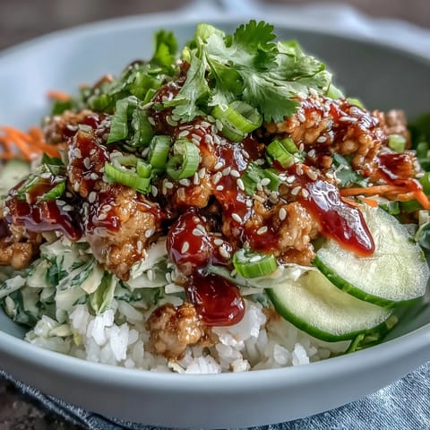 Fluffy rice bowls topped with tender ground turkey in spicy Bang Bang sauce, loaded with crunchy carrots, cucumbers, and red cabbage.