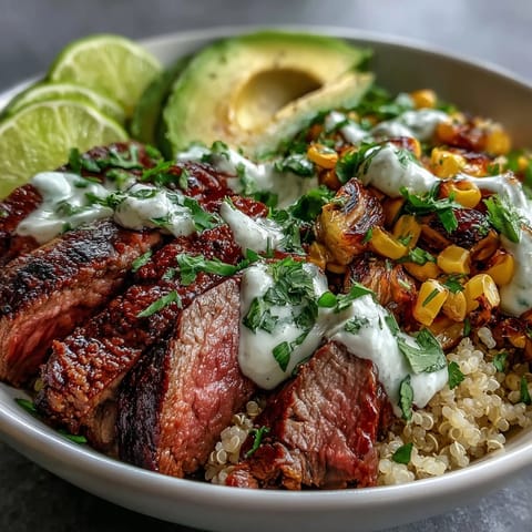 Hearty Steak, Avocado, and Roasted Corn Bowl drizzled with green cilantro cream and garnished with fresh lime wedges.
