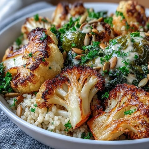 Golden-brown roasted broccoli, cauliflower, and Brussels sprouts piled atop fluffy quinoa for a hearty Roasted Brassica Bowl.