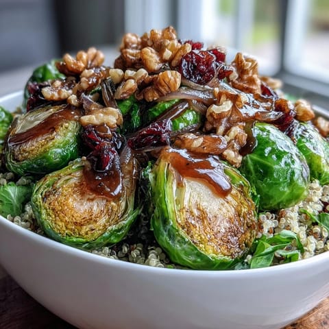 Golden roasted Brussels sprouts with caramelized red onions over fluffy quinoa, ready for a balsamic drizzle in this vegan bowl.