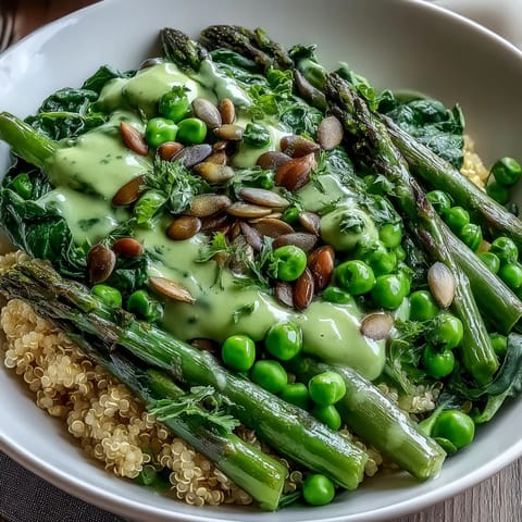 Spring Green Bowl with vibrant quinoa, blanched peas, asparagus, green beans, spinach, and feta, drizzled with lemon dressing.