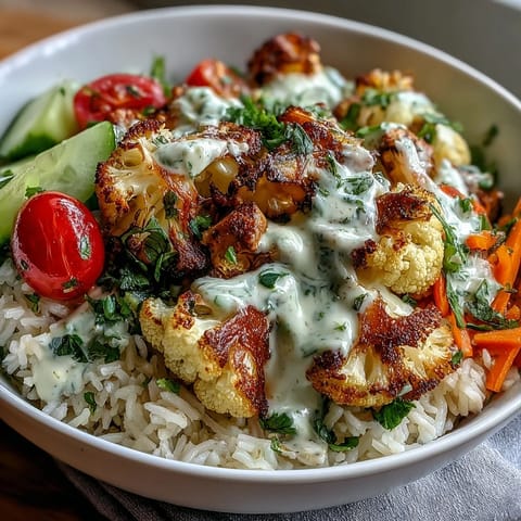 Healthy vegetarian Roasted Cauliflower Bowl with herb-roasted cauliflower, fresh spinach, and colorful vegetables drizzled with homemade tahini sauce.