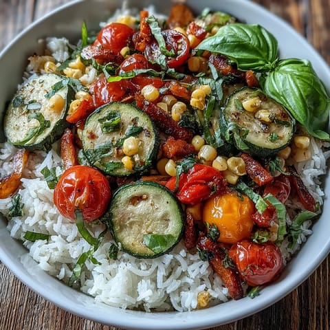 A close-up of Summer Vegetable Bowl with juicy tomatoes and bell peppers over white rice.