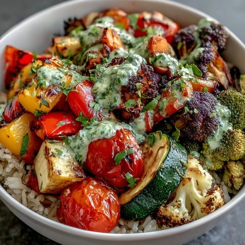 Rainbow Roasted Vegetable Bowl with vibrant, caramelized veggies over fluffy brown rice, finished with herb sauce.