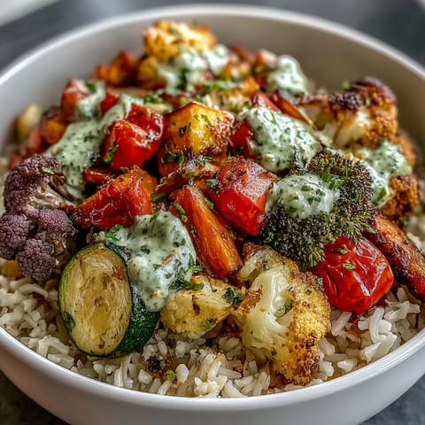 A close-up of a fresh Rainbow Roasted Vegetable Bowl, showcasing colorful veggies and drizzled green herb sauce.