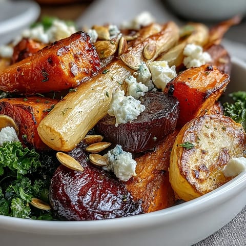 A serving of Winter Root Vegetable Bowl with kale and roasted root vegetables topped with pumpkin seeds.