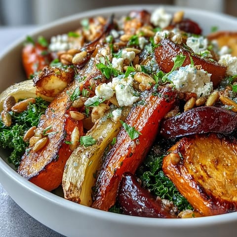 Close-up of Winter Root Vegetable Bowl showing caramelized sweet potatoes and a warm tangy dressing.