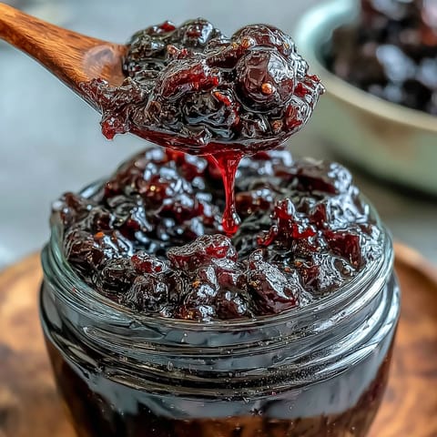 Homemade Black Currant Jam glistening in a jar, with a rustic wooden spoon resting beside it.