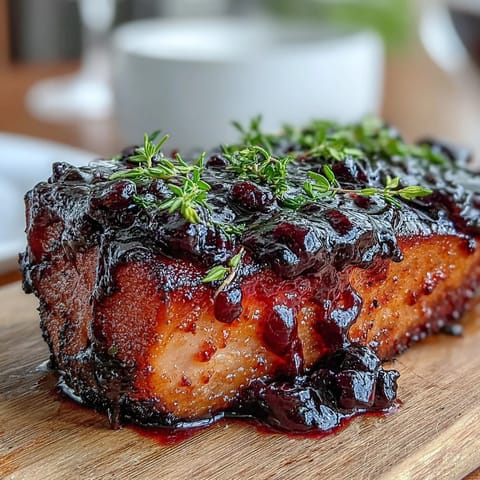 Black Currant Glaze simmering in a small saucepan, showcasing its deep purple hue and bubbling texture with Dijon mustard and honey ingredients nearby.