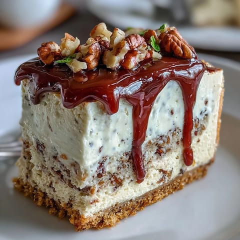 Creamy cheesecake swirled with spiced carrot cake, topped with smooth cream cheese frosting for a luscious dessert.