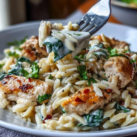 Lemon Orzo with Chicken and Spinach in a creamy skillet dish, garnished with fresh parsley and Parmesan.  