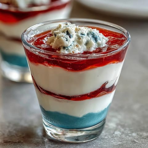 Red, White, and Blue Layered Jello Cups with vibrant stripes, perfect for patriotic parties and summer celebrations.