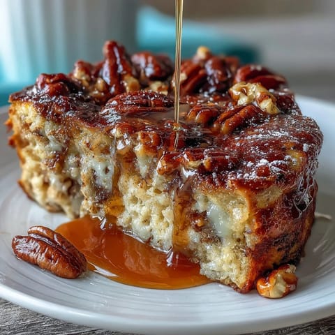 Fluffy pancake casserole baked golden with maple syrup drizzle, topped with crunchy pecans for a sweet breakfast treat.