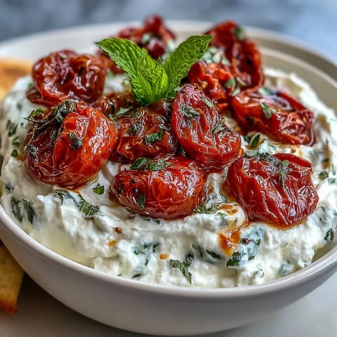 Whipped feta dip with roasted cherry tomatoes, creamy and tangy, topped with sweet caramelized tomatoes and fresh basil.