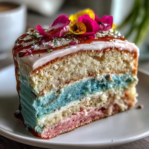 Delicate ombre pastel cake with soft pink, yellow, and green layers, crowned with fresh edible flowers for a spring celebration.
