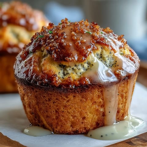 Lemon poppy seed muffins with sparkling sugar crust and lemon glaze, golden brown and fluffy, fresh from the oven on a cooling rack.