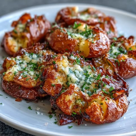 Oven-roasted baby potatoes, smashed and drizzled with olive oil, delivering irresistible crunch and savory flavor.  