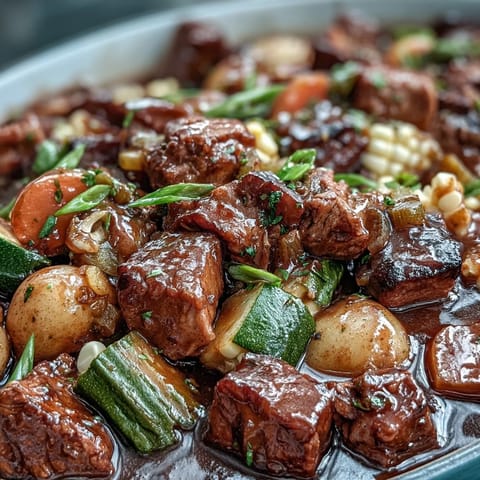 Hearty Kentucky Derby Burgoo Stew, a slow-simmered beef, pork, and chicken medley.