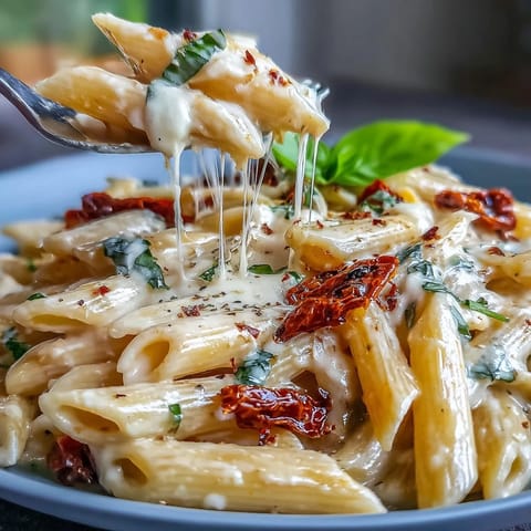 A delicious marri me pasta with sun-dried tomatoes, ready to serve.