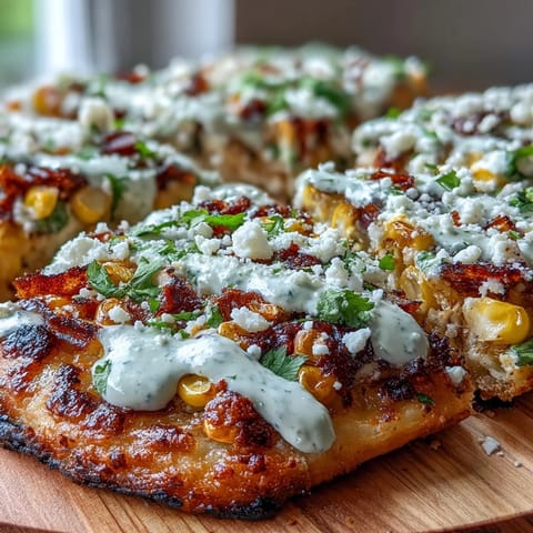 Vibrant street corn flatbread with cotija cheese and a drizzle of jalapeño crema.