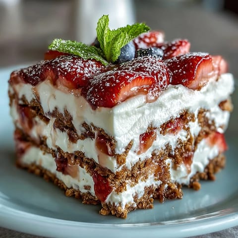 Memorial Day No-Bake Icebox Cake with Strawberries showcasing vibrant red fruit layers.