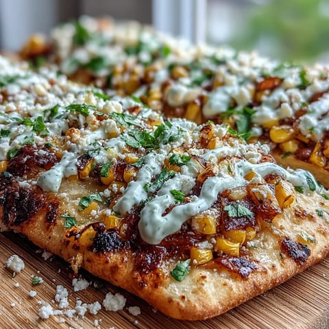 Festive Cinco de Mayo Street Corn Flatbread topped with charred corn and crema.