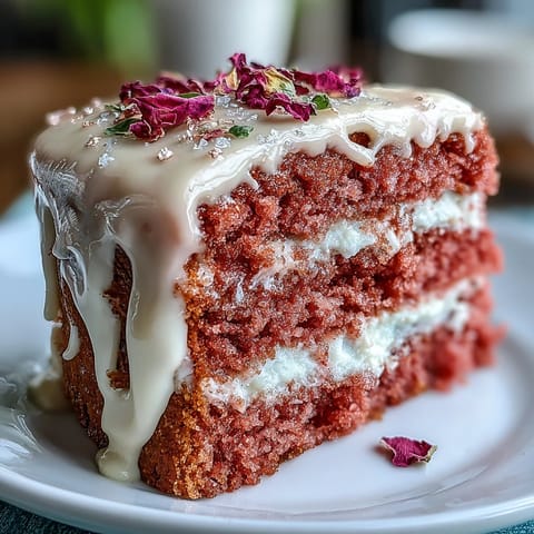 Stunning rosé velvet cake with delicate pink hue, creamy buttercream frosting, and edible gold accents for a sophisticated dessert.  