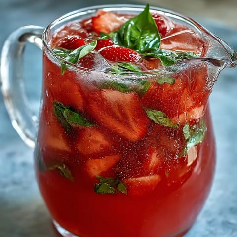 Vibrant Strawberry Basil Lemonade Pitcher, bright with fruit and herbs, ready for parties.