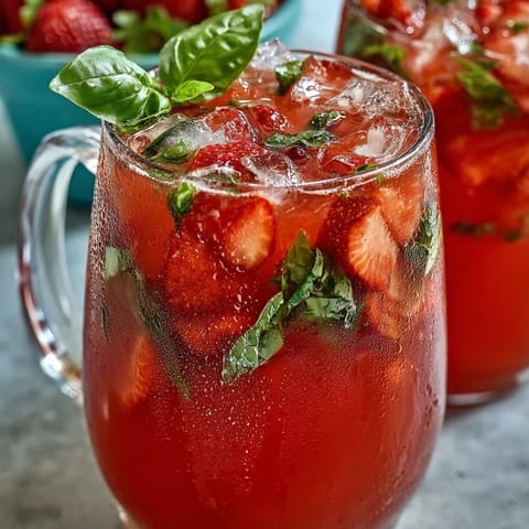 A pitcher brimming with Strawberry Basil Lemonade, glistening and garnished for summertime enjoyment.