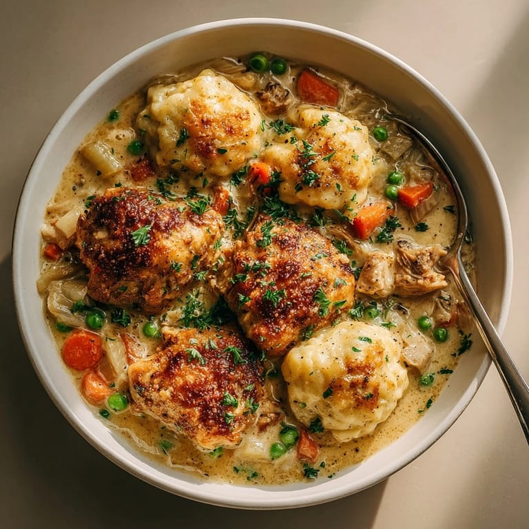 Hearty Classic Chicken and Dumplings recipe in a Dutch oven, perfect for cozy family dinners.