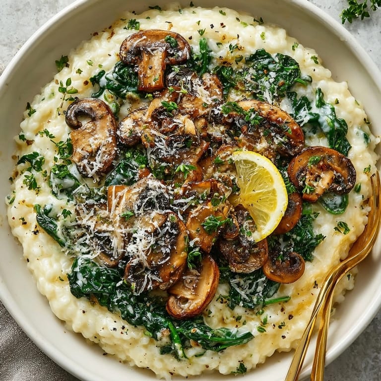 Steaming creamy mushroom and spinach risotto, ladled onto plates for a comforting vegetarian dinner.