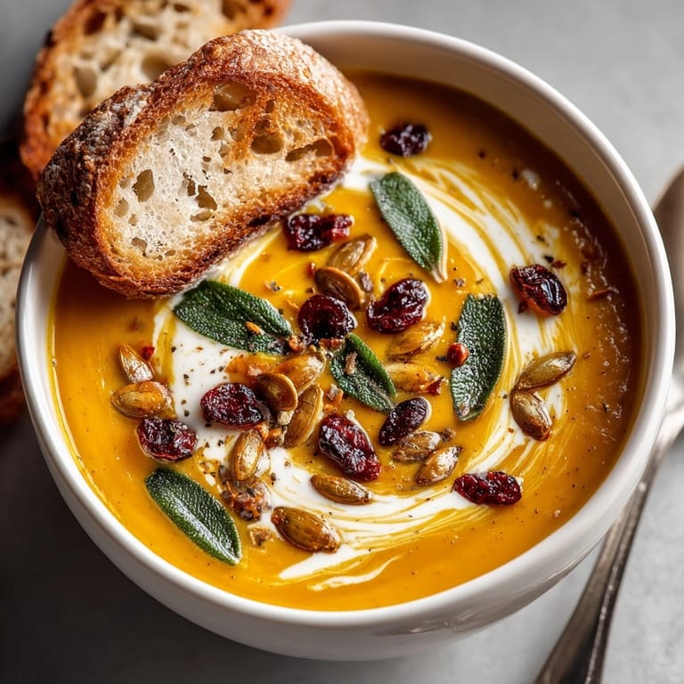 Creamy roasted butternut squash and apple soup served with crusty bread on a fall table.