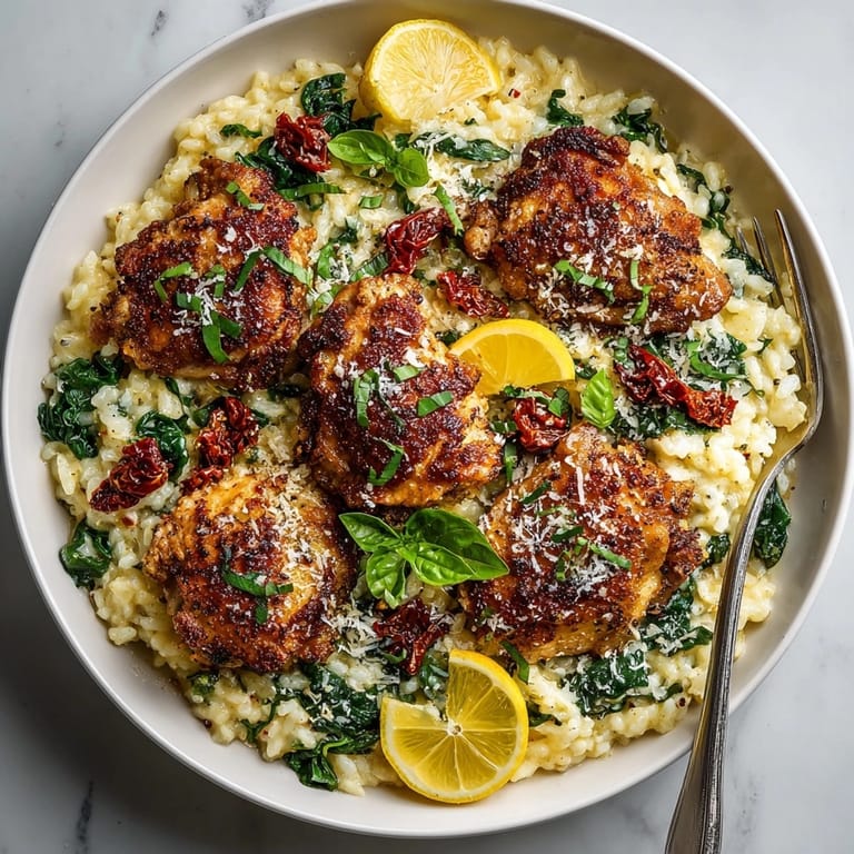 Hearty One-Pot Creamy Tuscan Chicken and Rice garnished with fresh basil and lemon wedges.