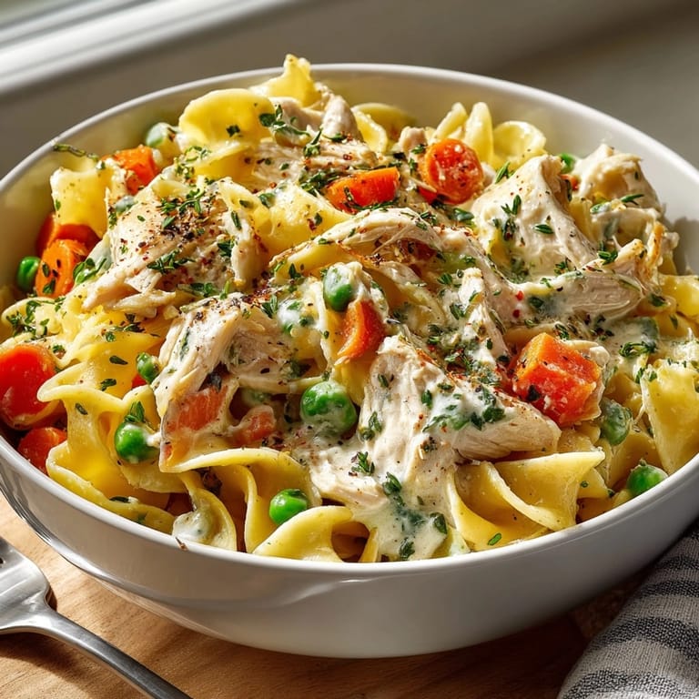 Close up shot showing the delicious One-Pot Chicken Pot Pie Noodles, warm and comforting for dinner.