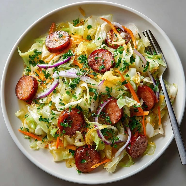 Vibrant photo of 20-Minute Maple-Mustard Sausage & Cabbage Skillet: a quick, gluten-free skillet supper, ideal for a busy evening.