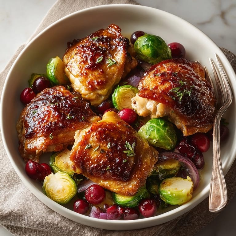 Vibrant sheet pan meal: tender Cranberry-Orange Chicken Thighs with Brussels sprouts, perfect for a busy weeknight.