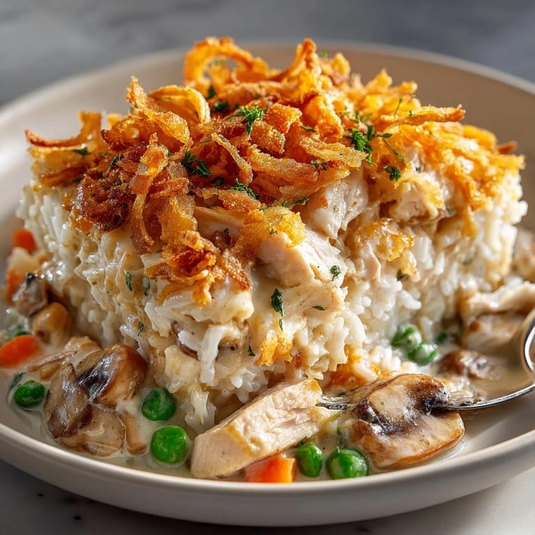 A close-up of a delicious Homestyle Chicken & Rice Bake, topped with crispy onions and savory chicken.