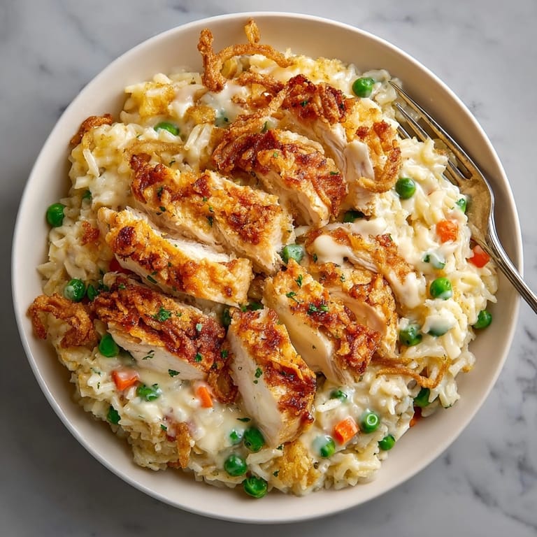 Enjoy this savory Homestyle Chicken & Rice Bake; imagine the creamy rice and flavorful chicken!