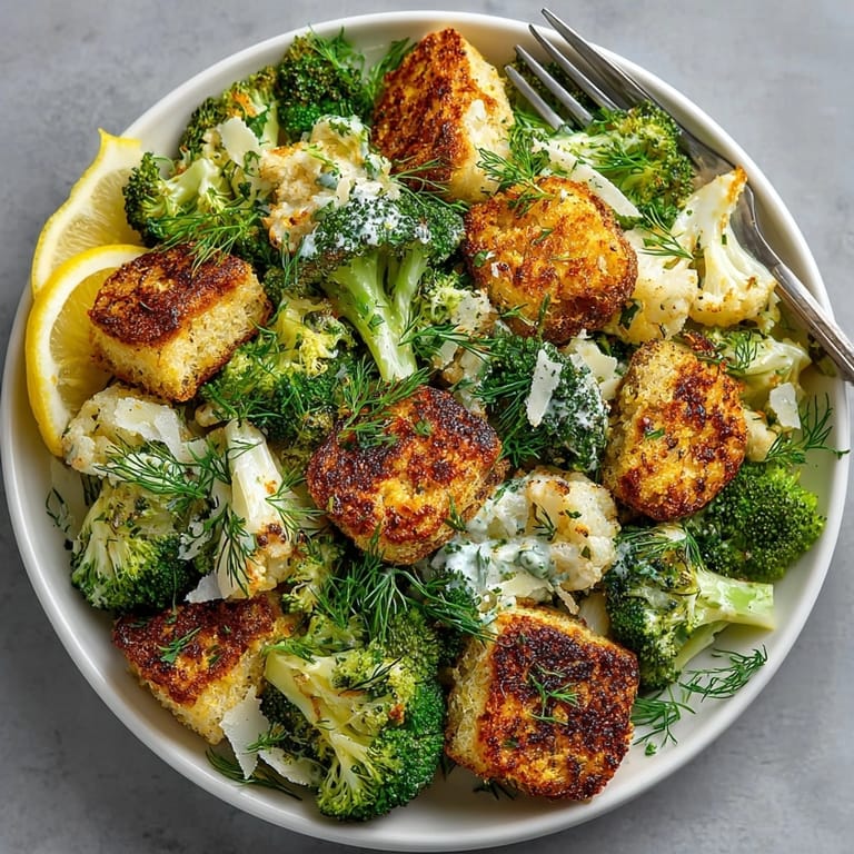 A flavorful bowl of Roasted Broccoli Caesar, featuring roasted broccoli and tangy dill pickle croutons.
