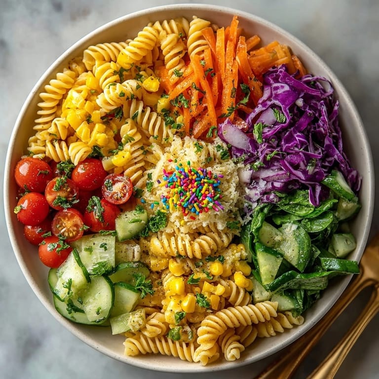 Cool, creamy Chaos Cake-Inspired Rainbow Pasta Salad, perfect for a party, featuring colorful pasta and veggies.