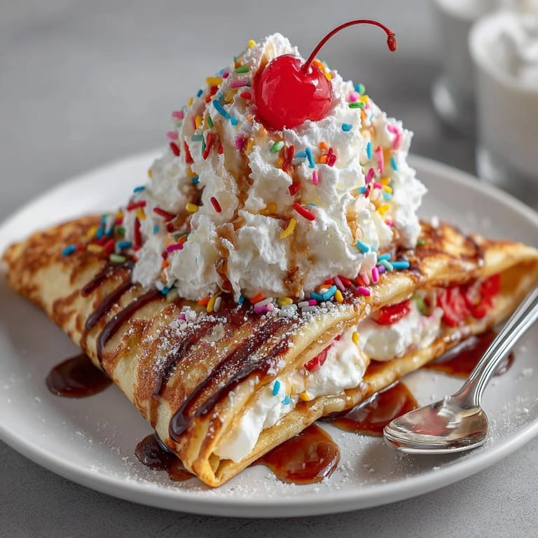 A close-up of mouthwatering Rebel Soda Float Pancake Wraps drizzled with cola reduction and garnished.